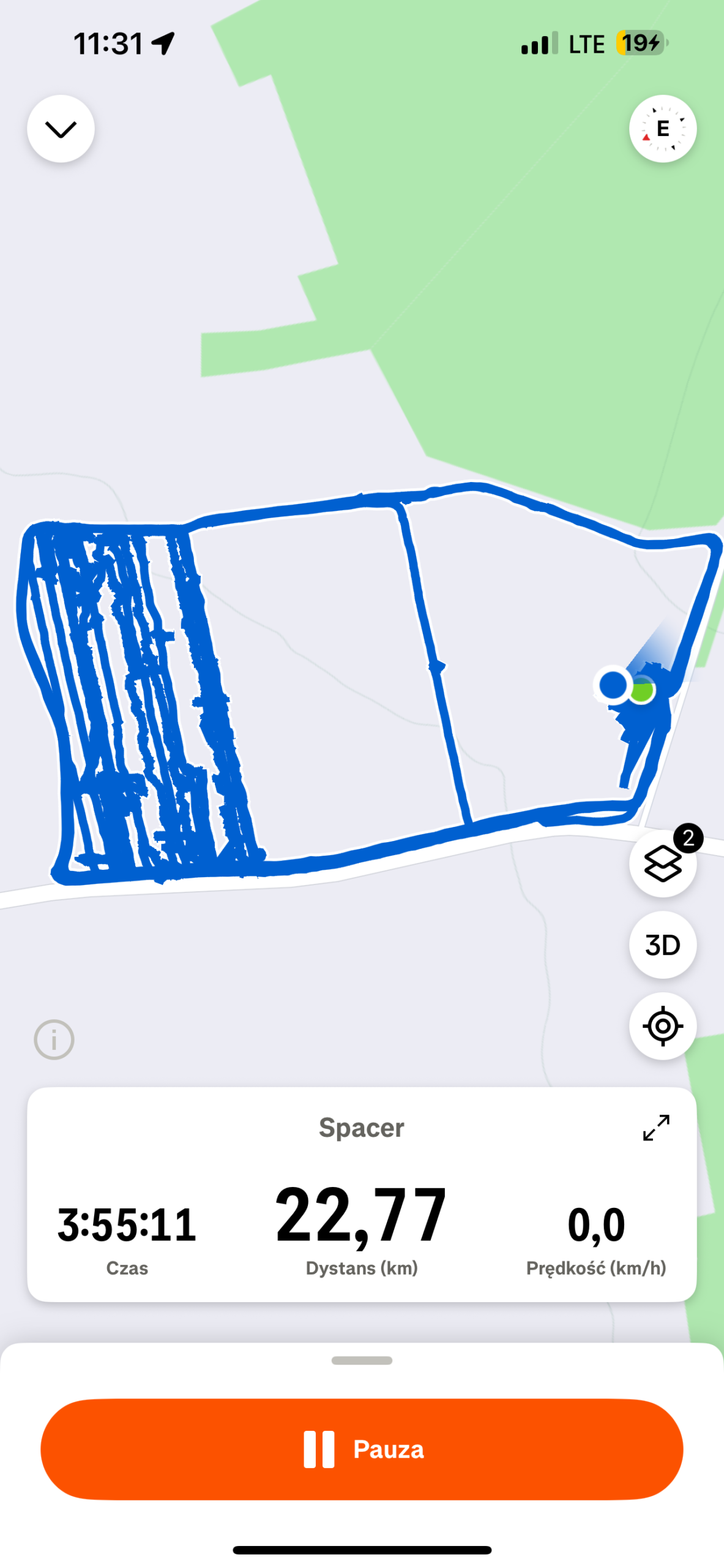 Mapa przejść ekipy na plantacji paulowni – trasa pracy podczas realizacji w Żarach