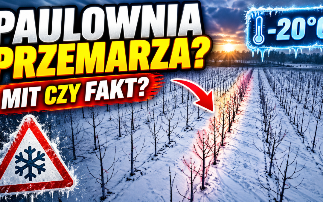 Miniaturka artykułu o tym, czy paulownia przemarza w Polsce, z zimową plantacją i napisem „Paulownia przemarza? Mit czy fakt?”